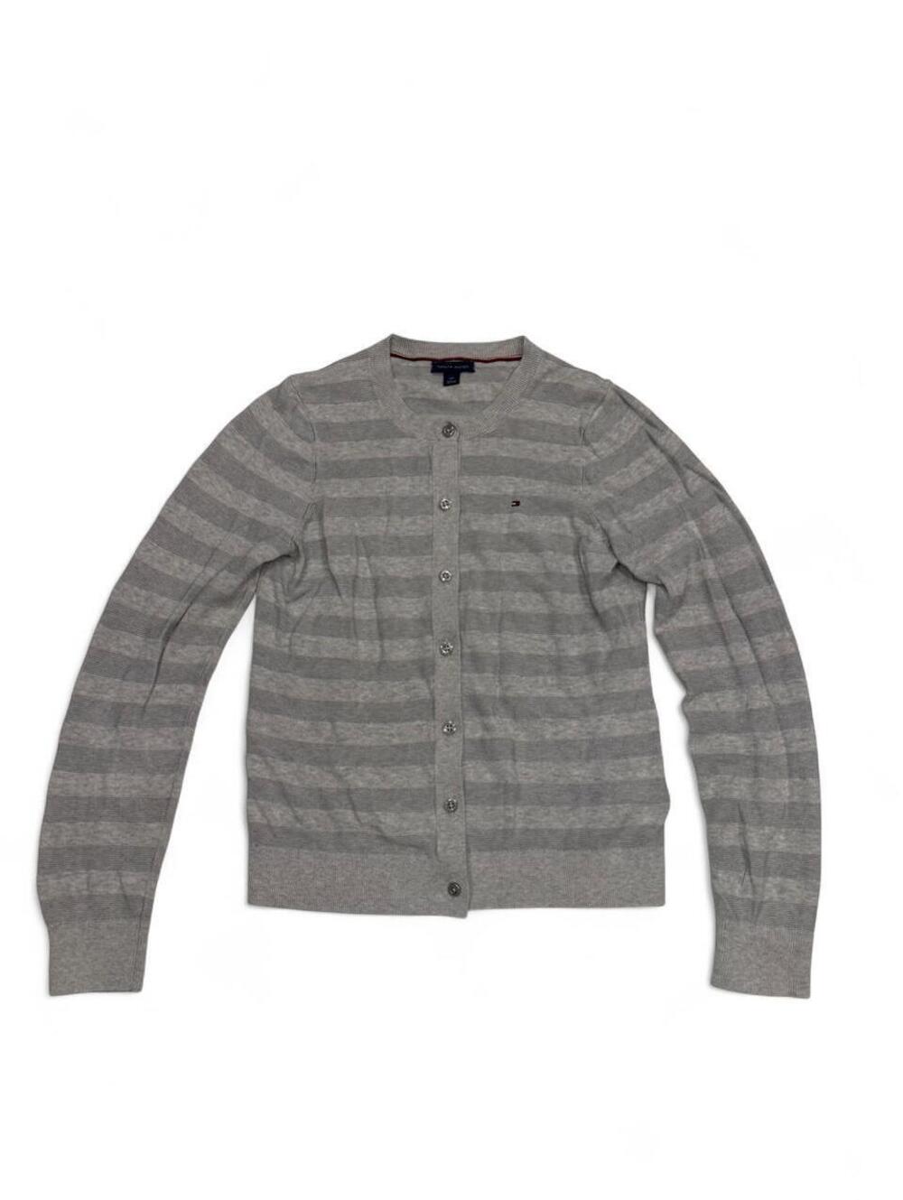 Tommy Hilfiger — Grey Striped Button-Up Crew Neck Cardigan